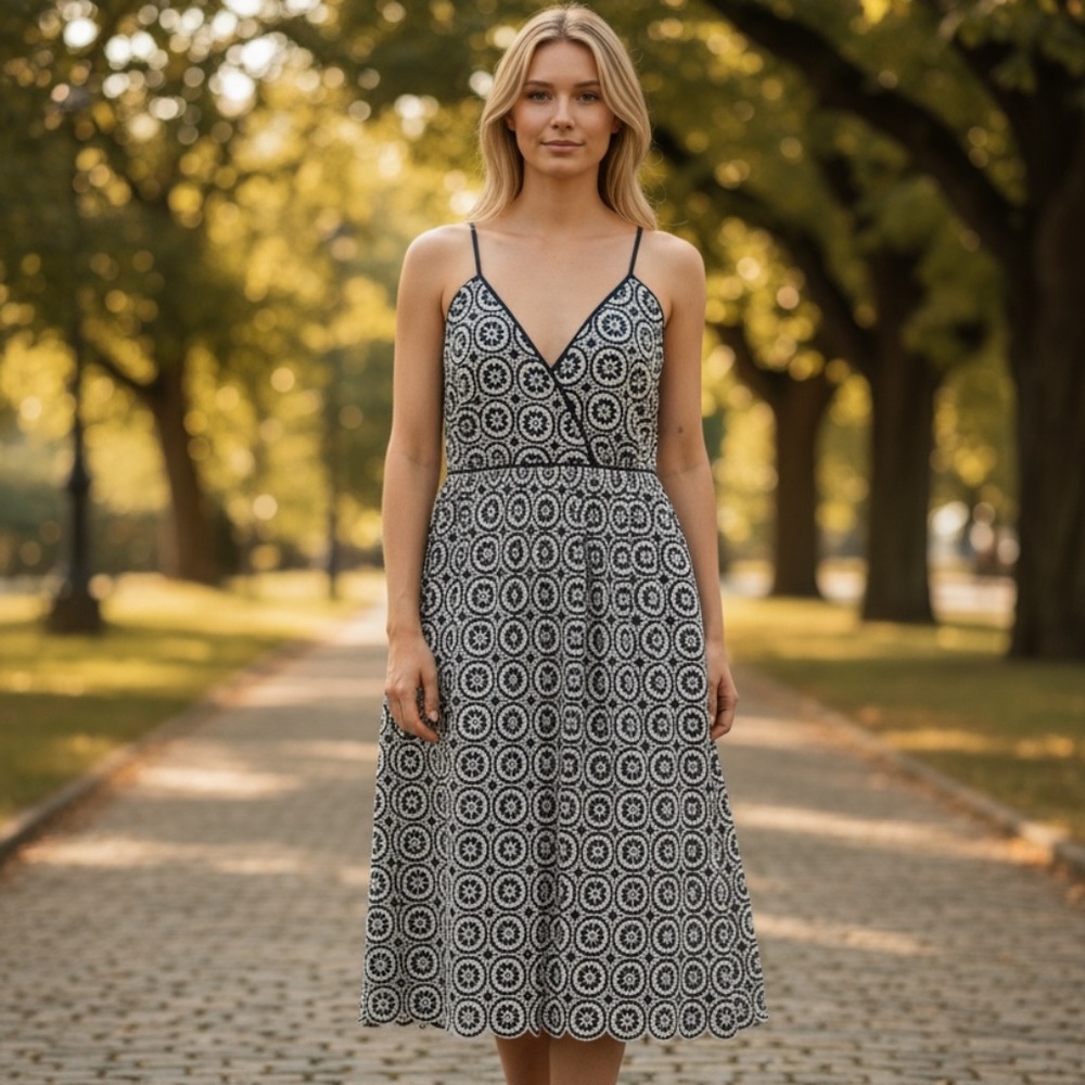 J.CREW NWT  Double Strap Embroidered Eyelet Navy Midi Dress Size 4